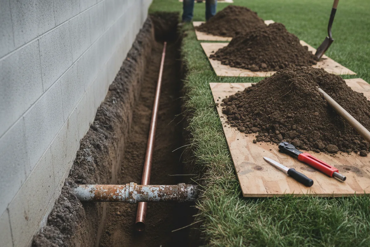 Excavated water line trench during Water Heater Repair in Patriot